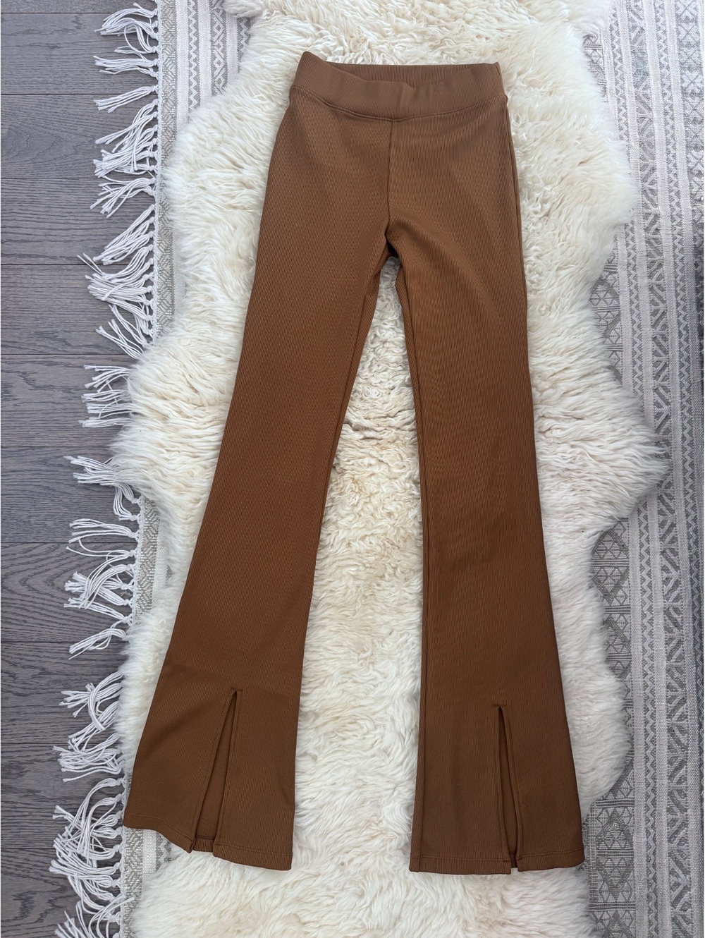 Nylora Brown Flared Rib Knit Pants w Slit